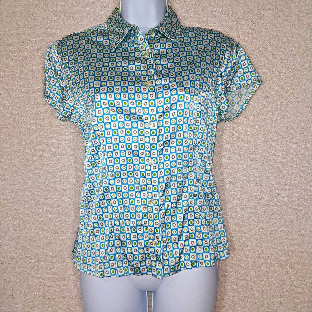 Tracy M. Womens Silk Blend Top Sz M Geometric Retro Wacky 60s Statement Artsy